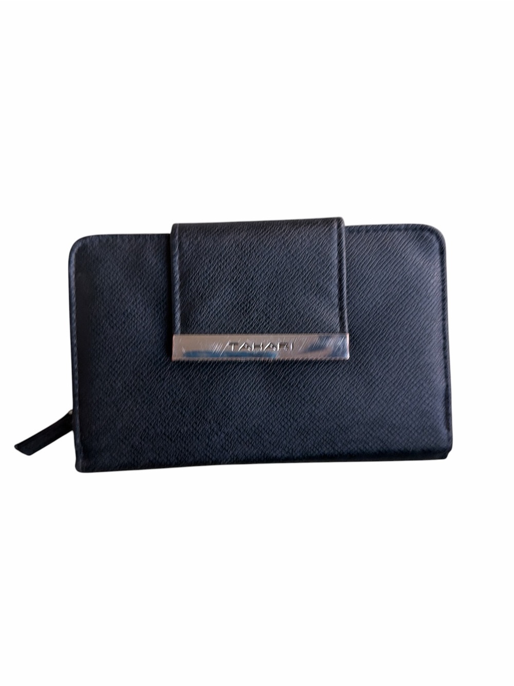 Tahari Sleek Black Textured Zip Wallet with Metal Logo